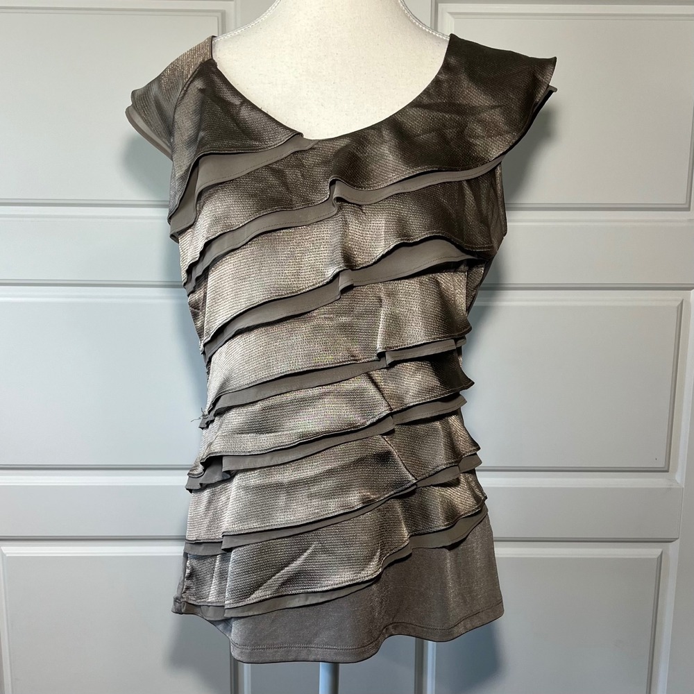 The Limited Women's Metallic Taupe Tiered Ruffle V-Neck Sleeveless Top Size M